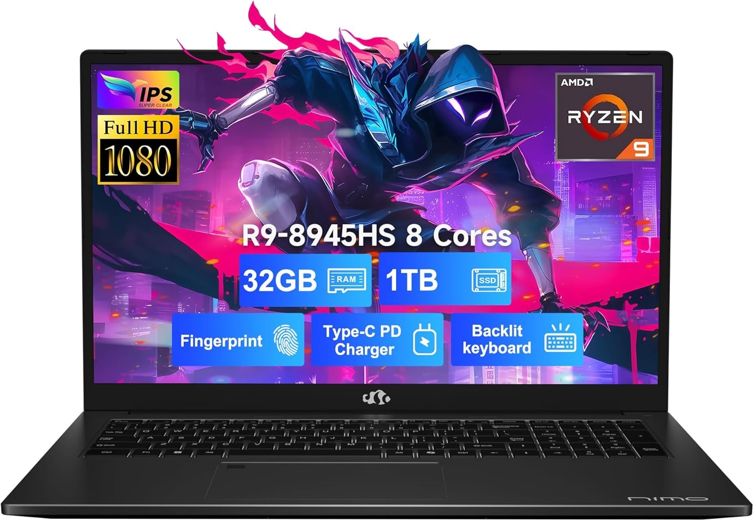 Nimo Gaming Laptop 17.3" Ryzen 9 8945HS,32GB RAM, 1TB SSD, Radeon 780M Graphics, PD 100W Type-C 4.0, AI&VR Ready Copilot+ PC, Backlit Keyboard Fingerprint - Nimo