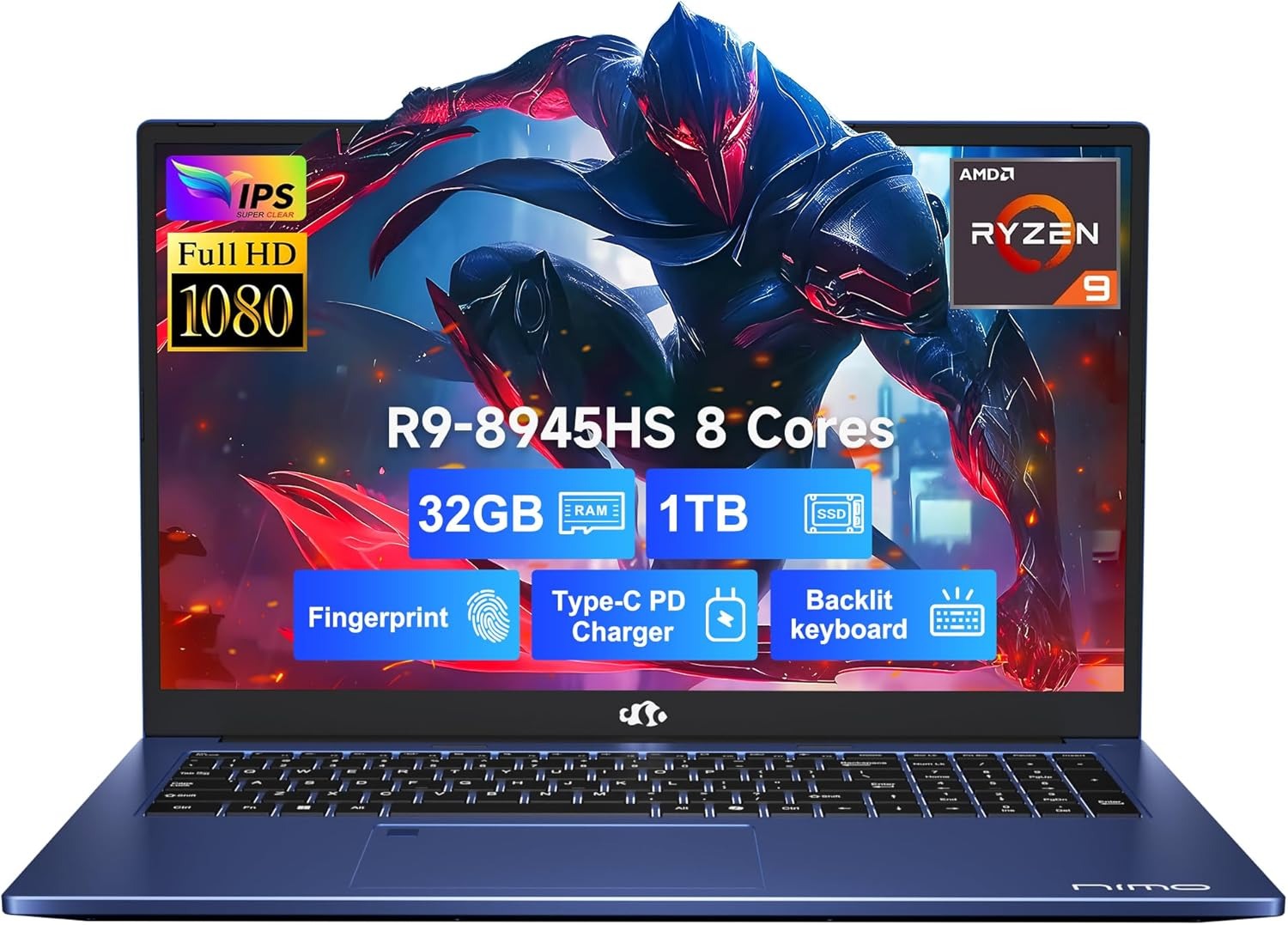 Nimo Gaming Laptop 17.3" Ryzen 9 8945HS,32GB RAM, 1TB SSD, Radeon 780M Graphics, PD 100W Type-C 4.0, AI&VR Ready Copilot+ PC, Backlit Keyboard Fingerprint - Nimo