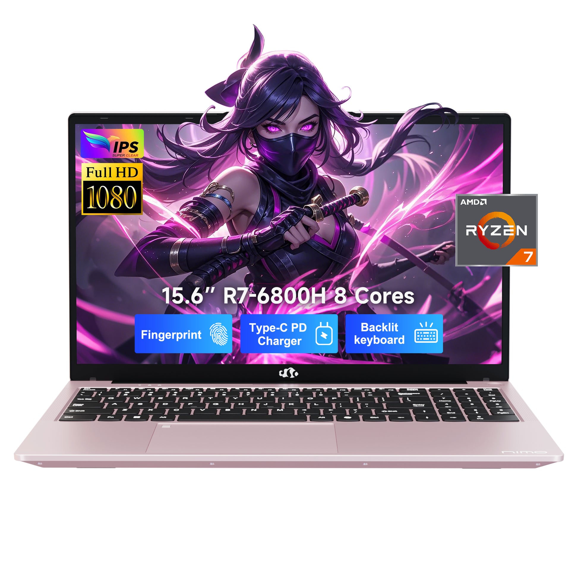 Rose gold NIMO 15.6” FHD laptop featuring AMD R7-6800H processor, slim design, and upgradeable RAM & SSD — ideal for gaming and business use.