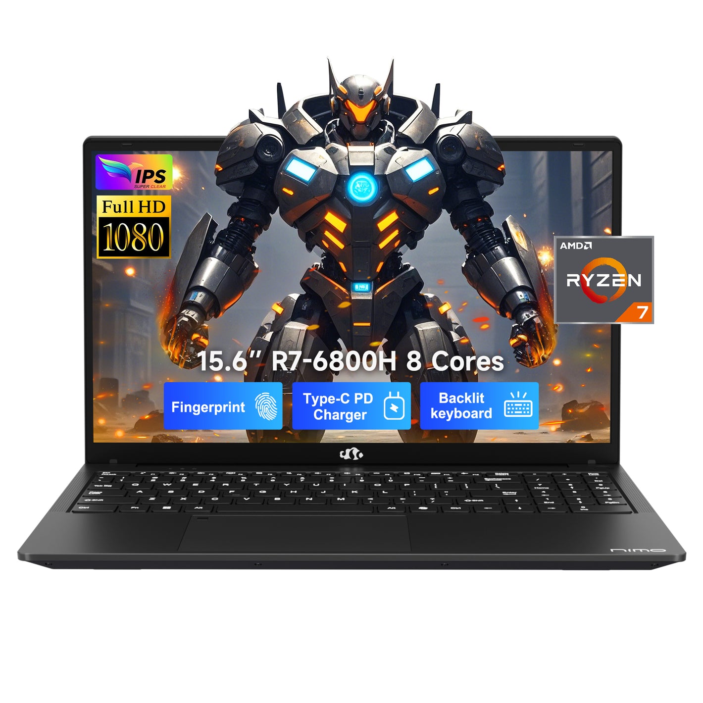 Gray NIMO 15.6” FHD laptop featuring AMD R7-6800H processor, slim design, and upgradeable RAM & SSD — ideal for gaming and business use.