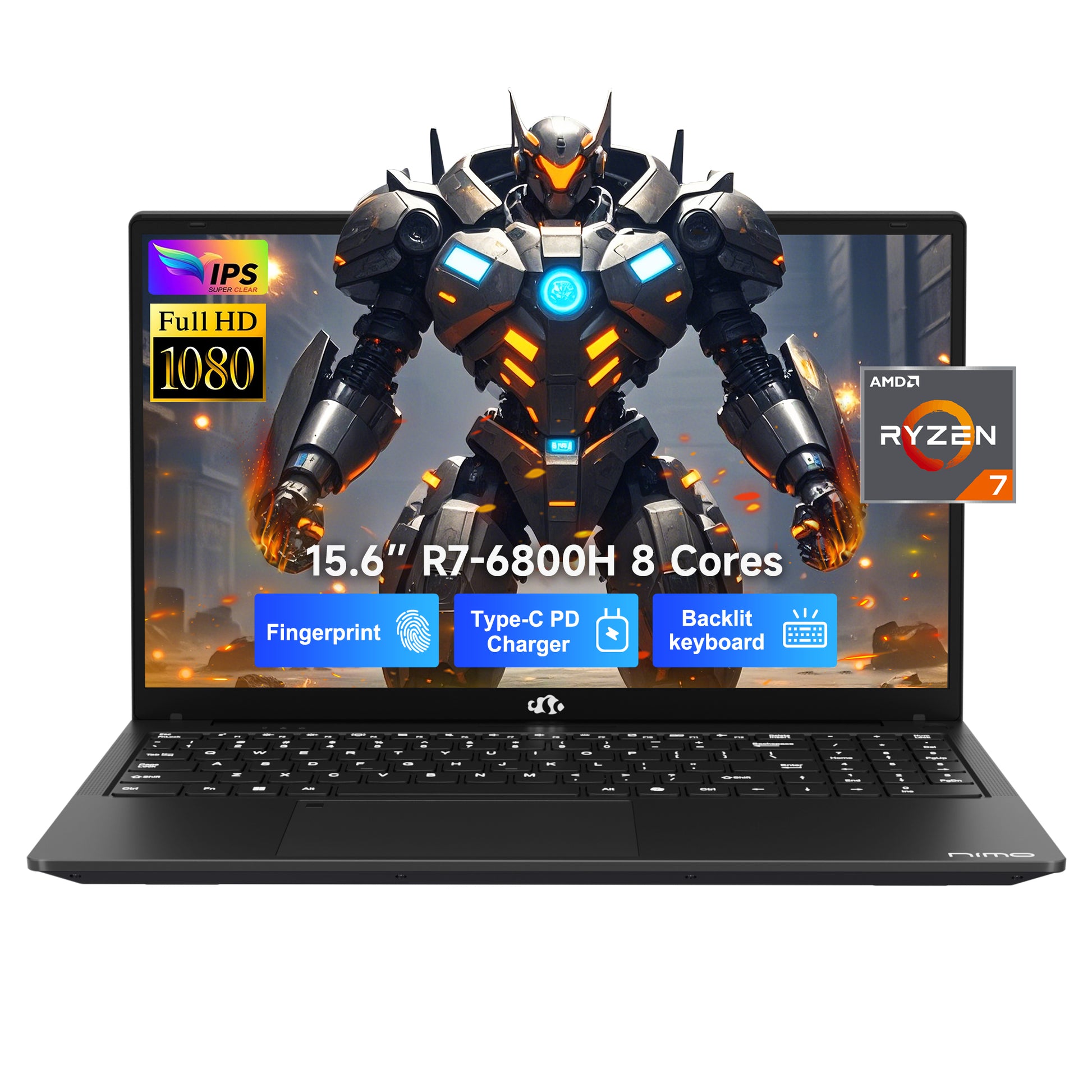 Gray NIMO 15.6” FHD laptop featuring AMD R7-6800H processor, slim design, and upgradeable RAM & SSD — ideal for gaming and business use.