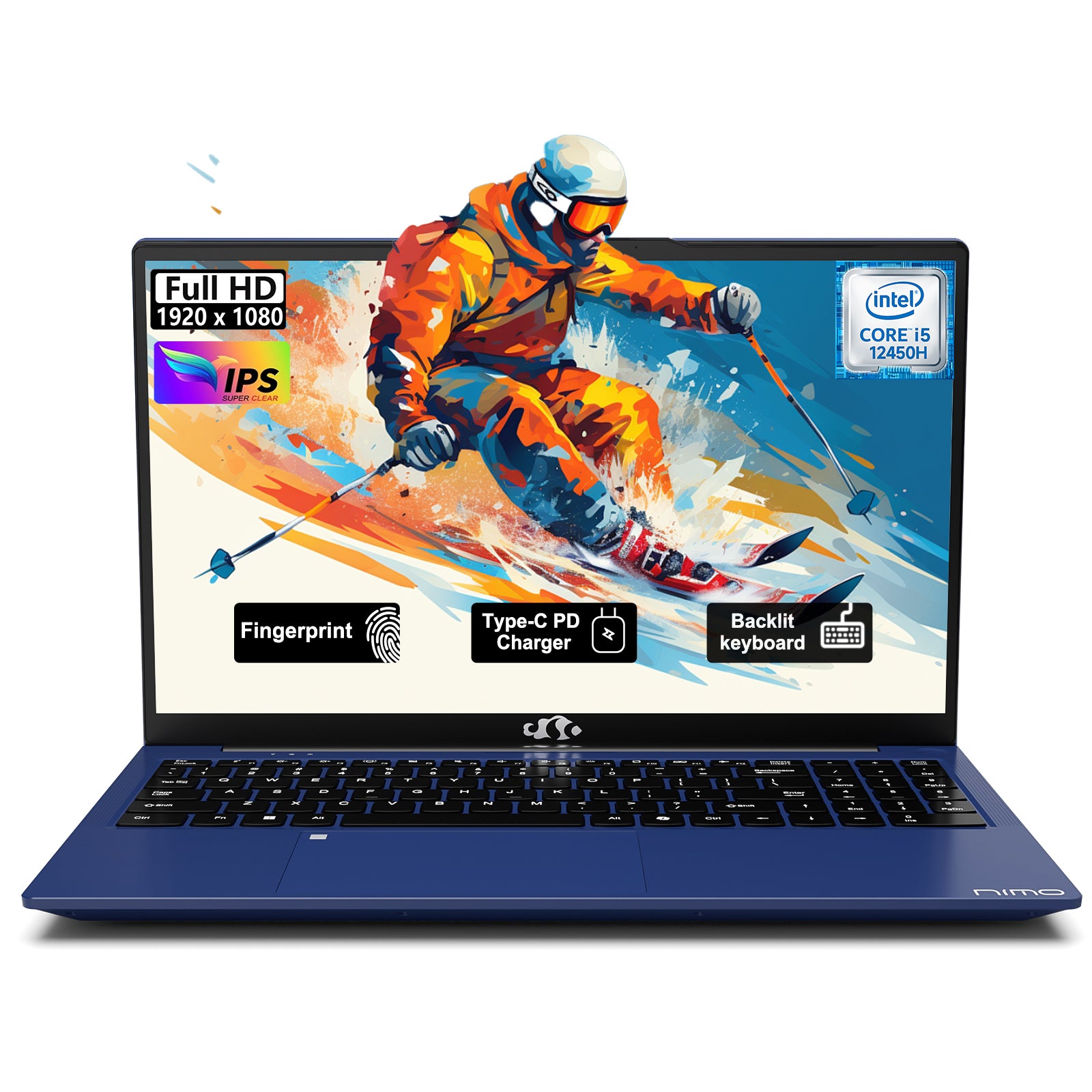 NIMO 15.6” FHD blue laptop featuring Intel i5-12450H, designed for gaming, streaming, and multimedia entertainment.