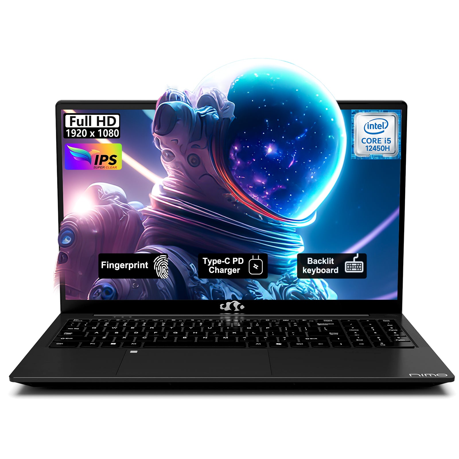 NIMO 15.6” FHD gray laptop featuring Intel i5-12450H, designed for gaming, streaming, and multimedia entertainment.