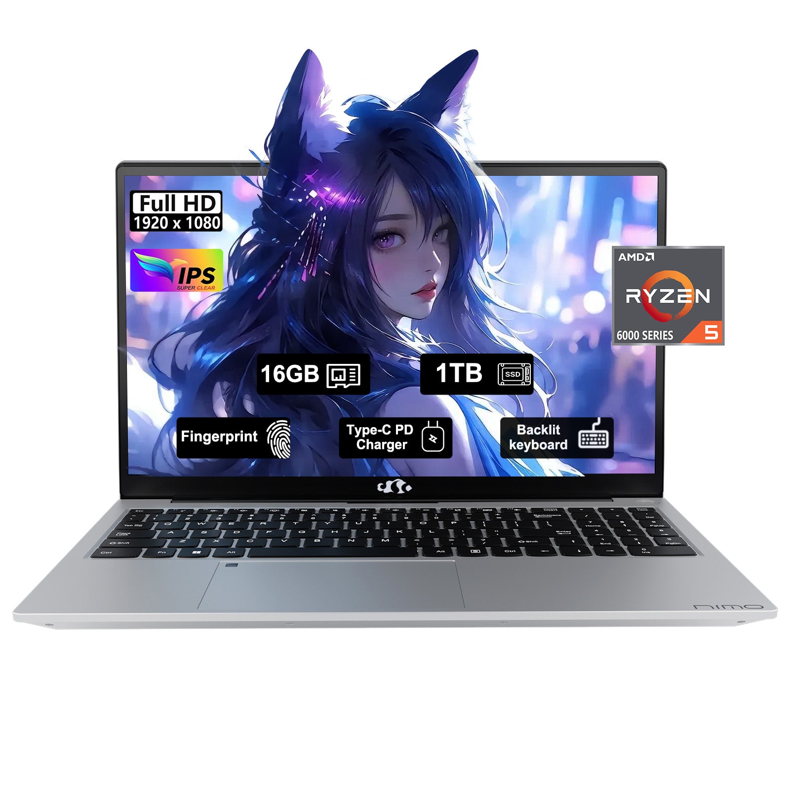 NIMO N153 15.6” silver refurbished laptop with FHD display, AMD R5-6600H, and customizable RAM & SSD – perfect for gaming, streaming, and content creation.