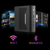 Black NIMO Mini 395 with wireless feature icons for Wi-Fi 7 and Bluetooth 5.2.