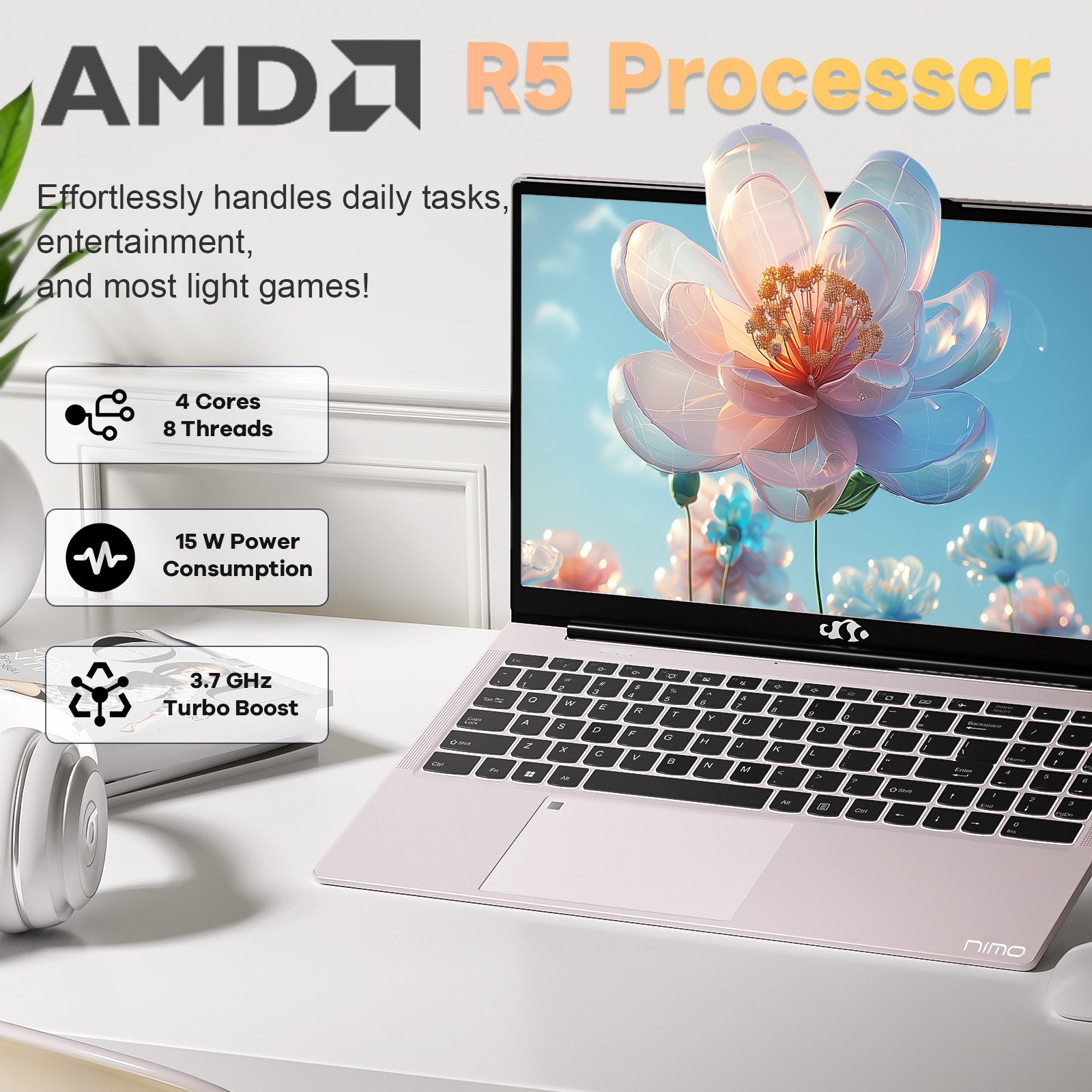 FHD Business Laptop, AMD Ryzen 5(Beat i3-1215U, 4 Cores Up to 3.7GHz), Backlit Keyboard, Fingerprint Login, Wi-Fi 5, Windows 11, Webcam, 65W Type-C-AMZ - Nimo