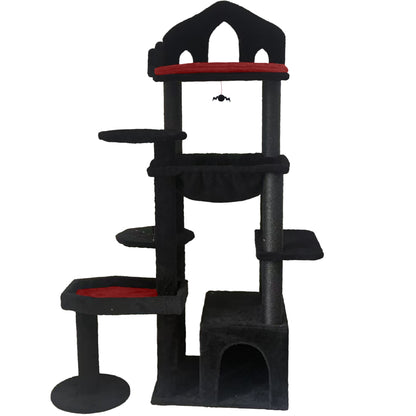 Black Gothic Cat Tower for Indoor Cats, Multi-Level Spooky Cat Tree with Scratching Posts, Perches, Hammock & Cave, Halloween Decor