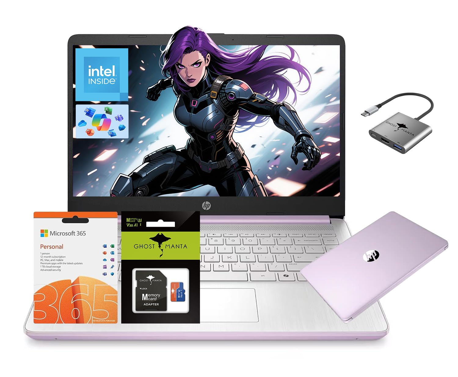 HP 14" Ultral Light Laptop for Students and Business, Intel Quad-Core, 8GB RAM, 192GB Storage(64GB eMMC+128GB Ghost Manta SD Card), 1 Year Office 365, USB C, Win 11 S - Nimo