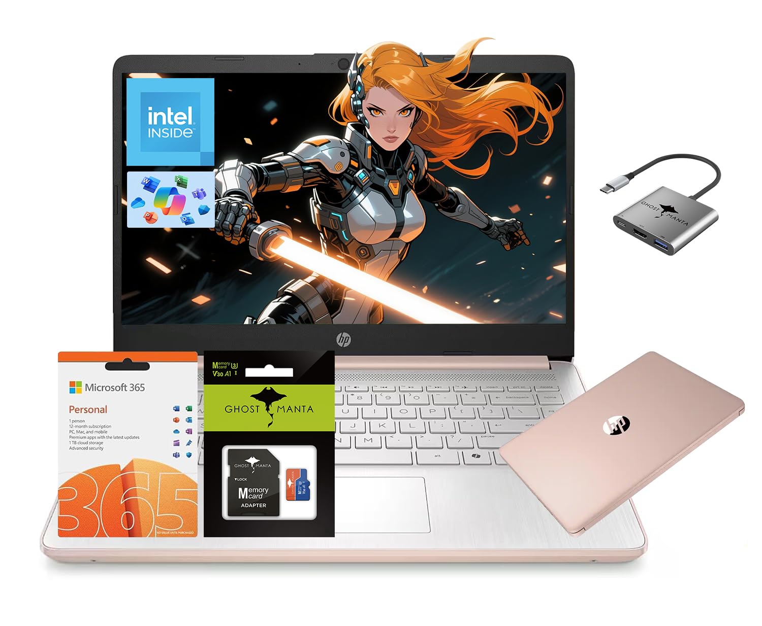 HP 14" Ultral Light Laptop for Students and Business, Intel Quad-Core, 8GB RAM, 192GB Storage(64GB eMMC+128GB Ghost Manta SD Card), 1 Year Office 365, USB C, Win 11 S - Nimo