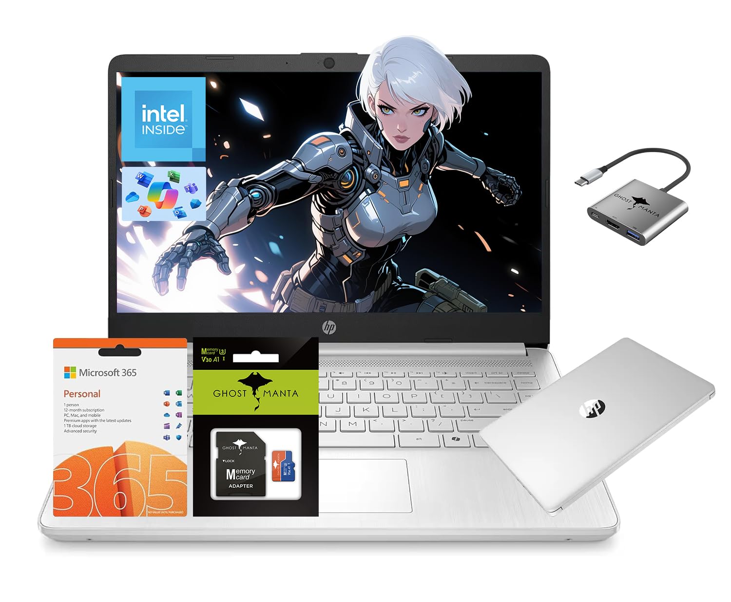 HP 14" Ultral Light Laptop for Students and Business, Intel Quad-Core, 8GB RAM, 192GB Storage(64GB eMMC+128GB Ghost Manta SD Card), 1 Year Office 365, USB C, Win 11 S - Nimo