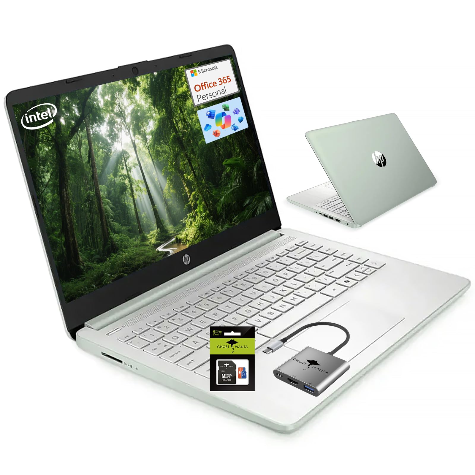 HP 14" Ultral Light Laptop for Students and Business, Intel Quad-Core, 8GB RAM, 192GB Storage(64GB eMMC+128GB Ghost Manta SD Card), 1 Year Office 365, USB C, Win 11 S - Nimo