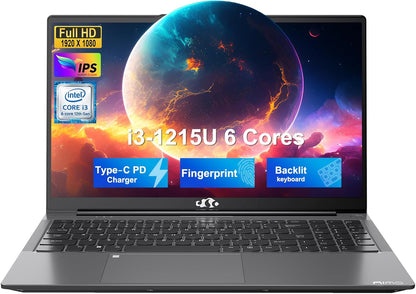 FHD-Laptop,Intel 6-Cores i3-1215U(Beat i5-1135G7), 65W Type-C, Fingerprint, Computer with Backlit Keyboard Fingerprint Laptops for Business and Student, Wi-Fi 6, Win 11