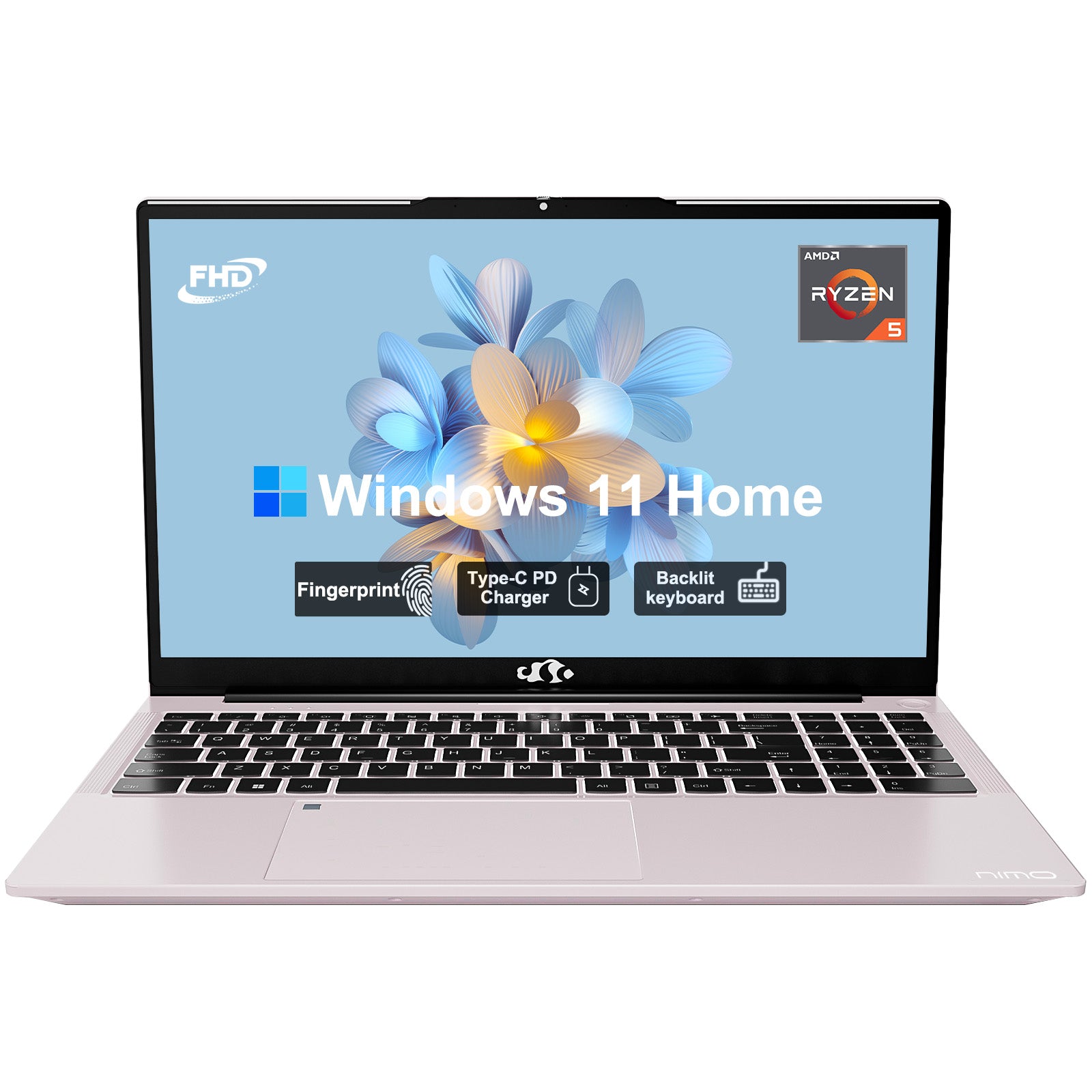 NIMO N152 15.6” rose gold laptop with FHD display, AMD R5-3500U processor, fast charging, fingerprint sensor, and customizable RAM & SSD – lightweight and perfect for students and professionals.