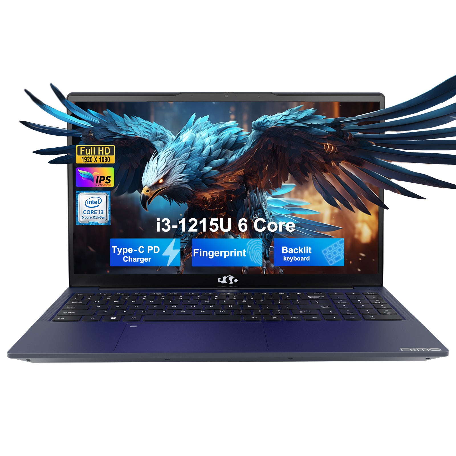 NIMO N154 15.6” blue laptop with FHD display, Intel i3-1215U processor, and upgradeable RAM & SSD – ideal for students, professionals, and remote work.