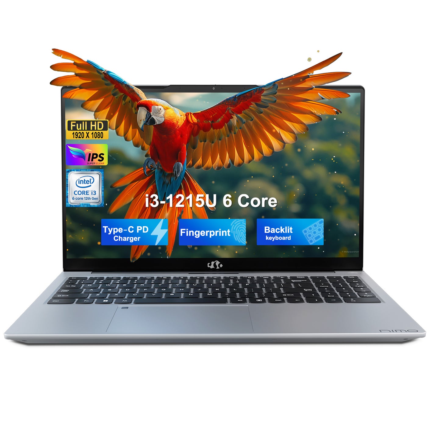 NIMO N154 15.6” silver laptop with FHD display, Intel i3-1215U, and upgradeable RAM & SSD – ideal for gaming, streaming, and content creation.