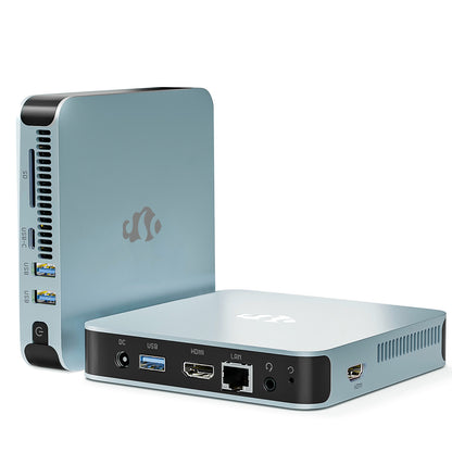 Compact and powerful NIMO sky blue MiniPC DNB1 in metal, featuring an Intel N100 processor, perfect for home offices and small businesses.