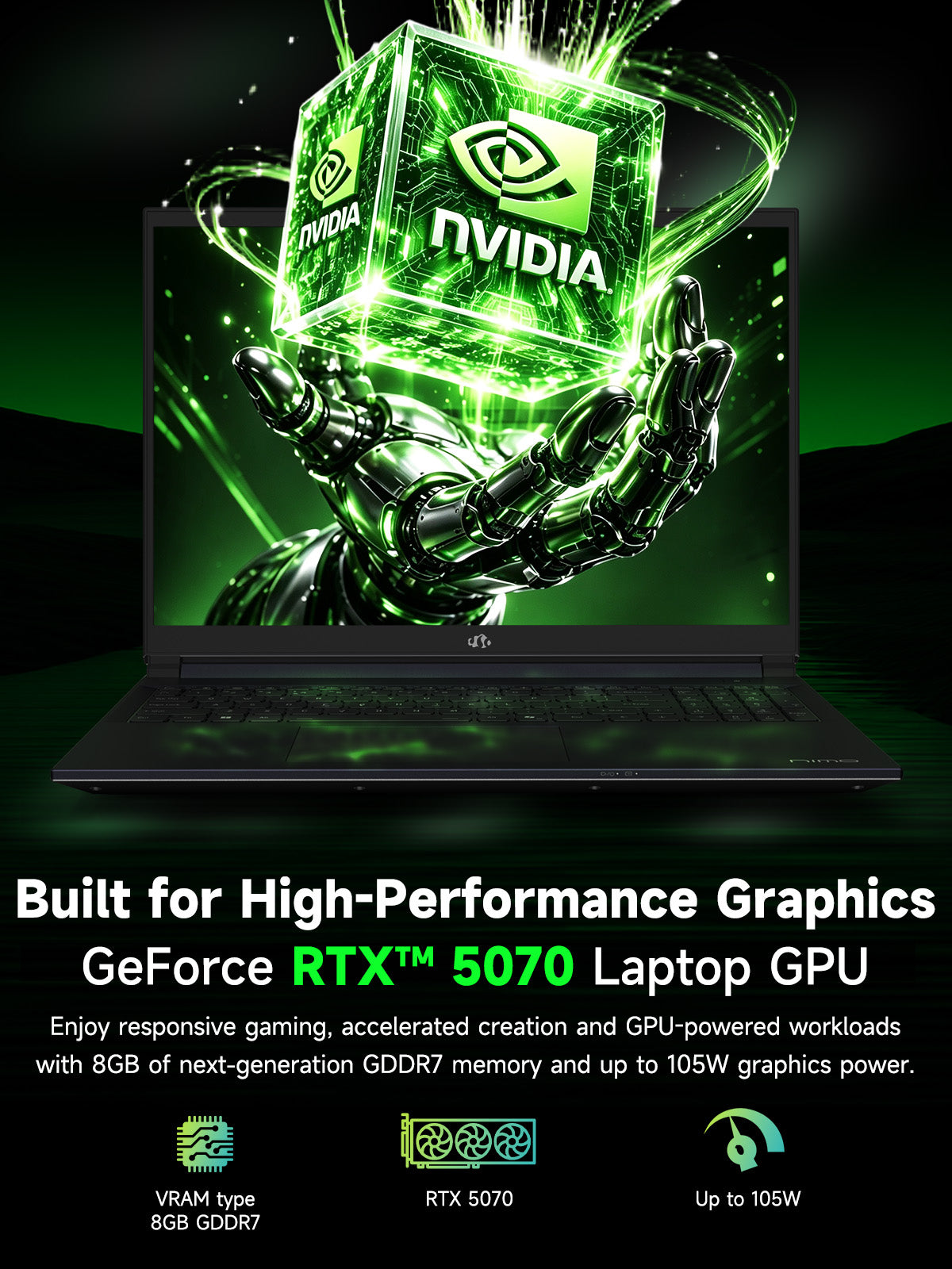 GeForce RTX 5070 Laptop GPU with 8GB GDDR7 and up to 105W graphics power