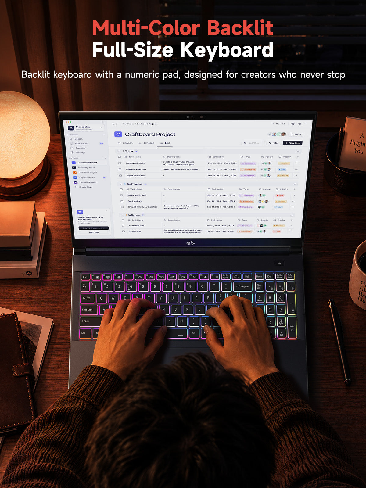 Full-size multi-color RGB backlit keyboard with numeric keypad