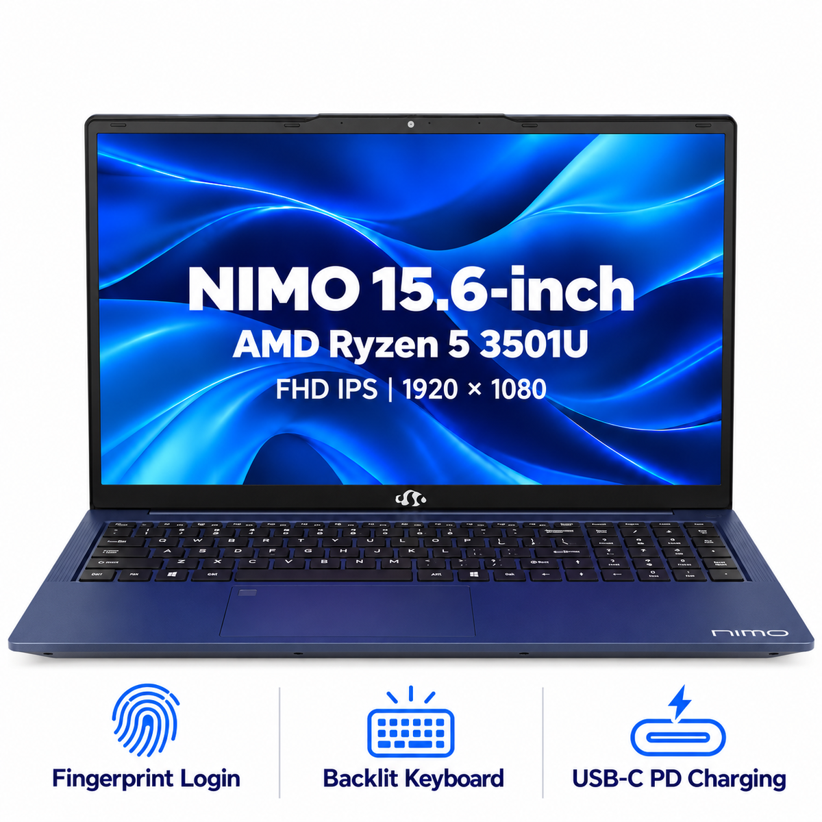 NIMO 15.6-inch Ryzen 5 3501U laptop — front view and key features