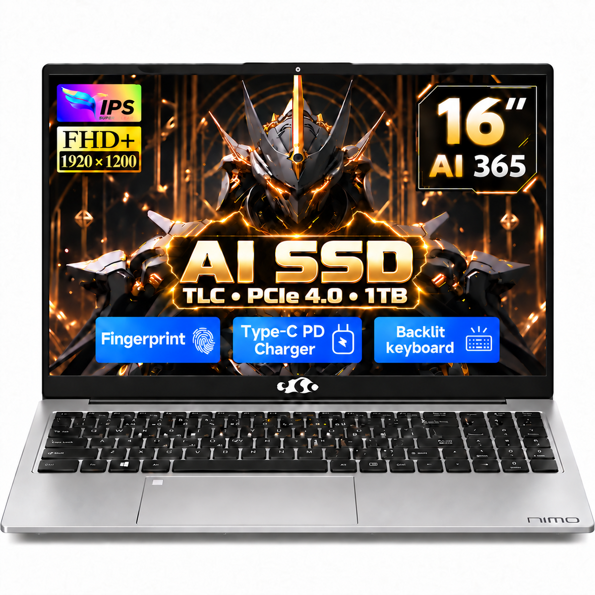 NIMO H16 AI 365 silver laptop — 1920 × 1200, TLC AI SSD