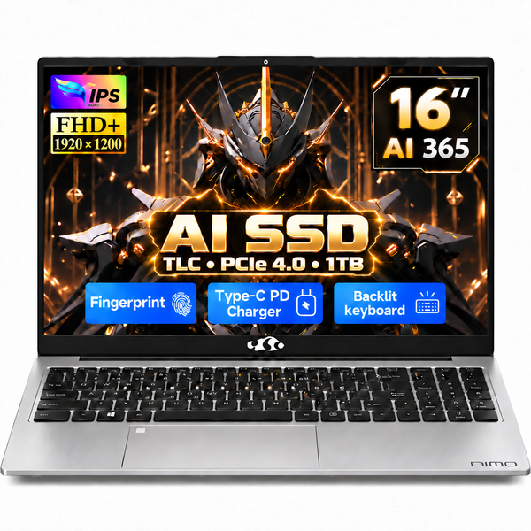 NIMO H16 AI 365 silver laptop — 1920 × 1200, TLC AI SSD