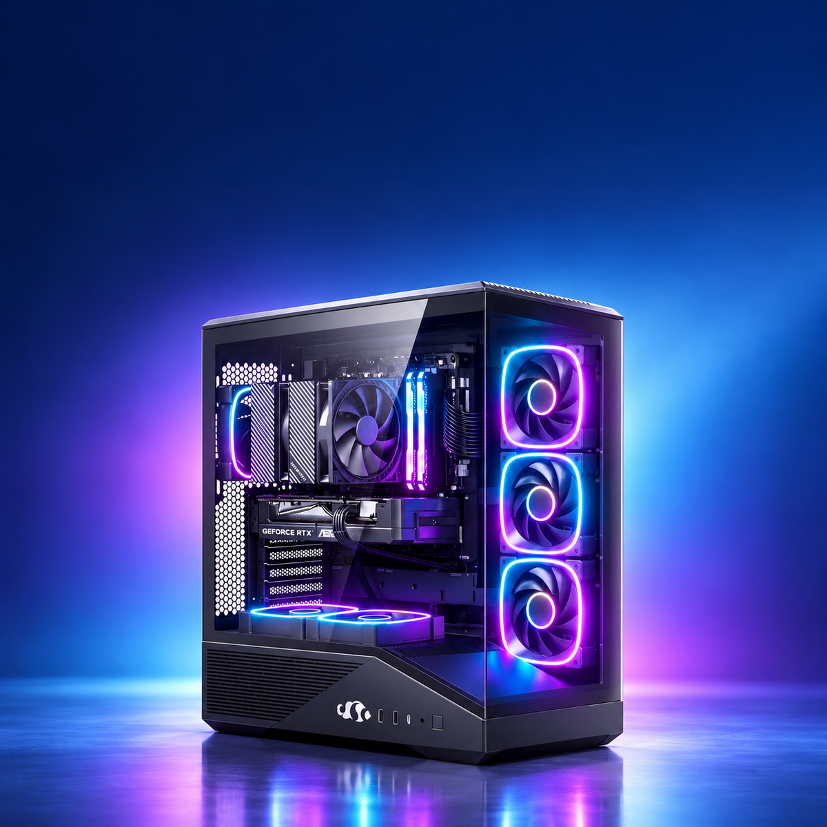 NIMO Arena with two bottom cooling fans and bright cyan-purple RGB lighting