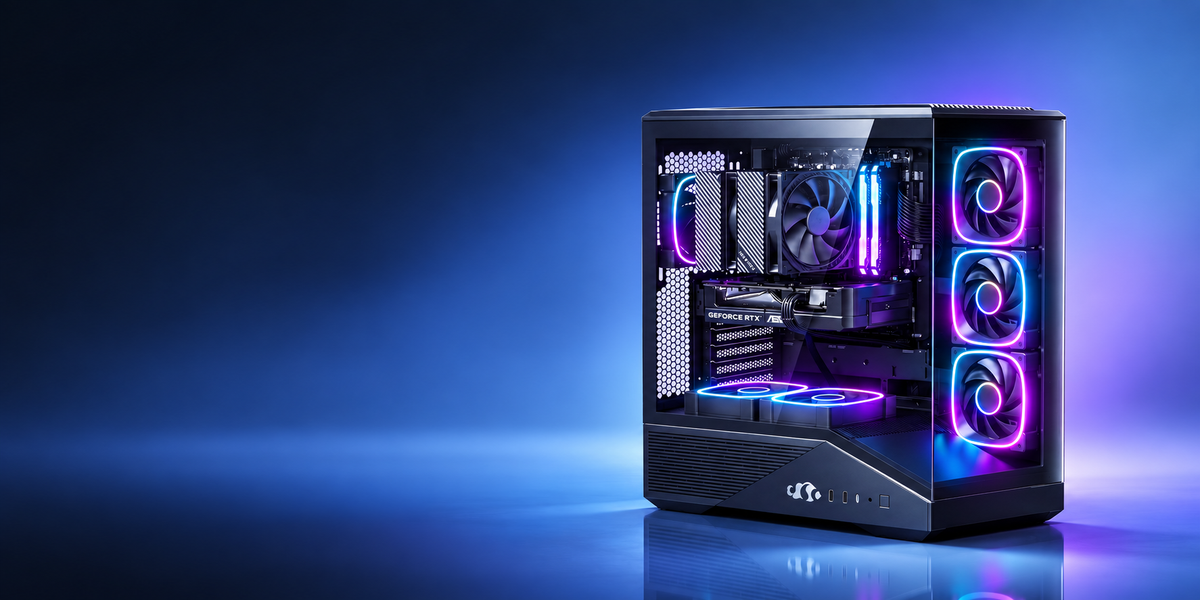 NIMO Arena with two bottom cooling fans and bright cyan-purple RGB lighting