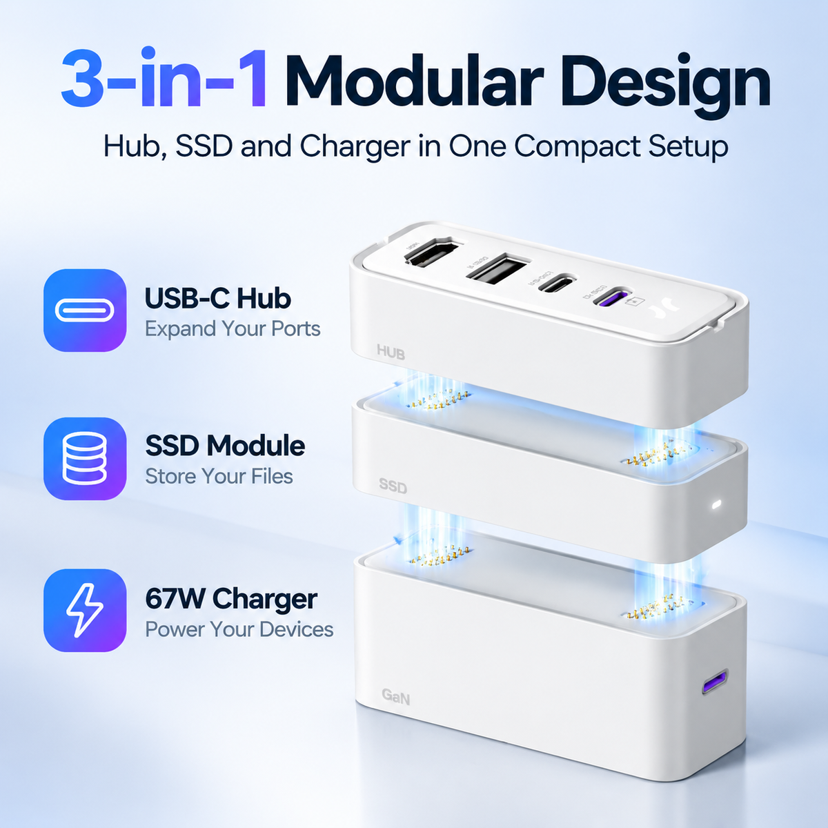 Three stackable modules: GaN charger, SSD and USB-C hub