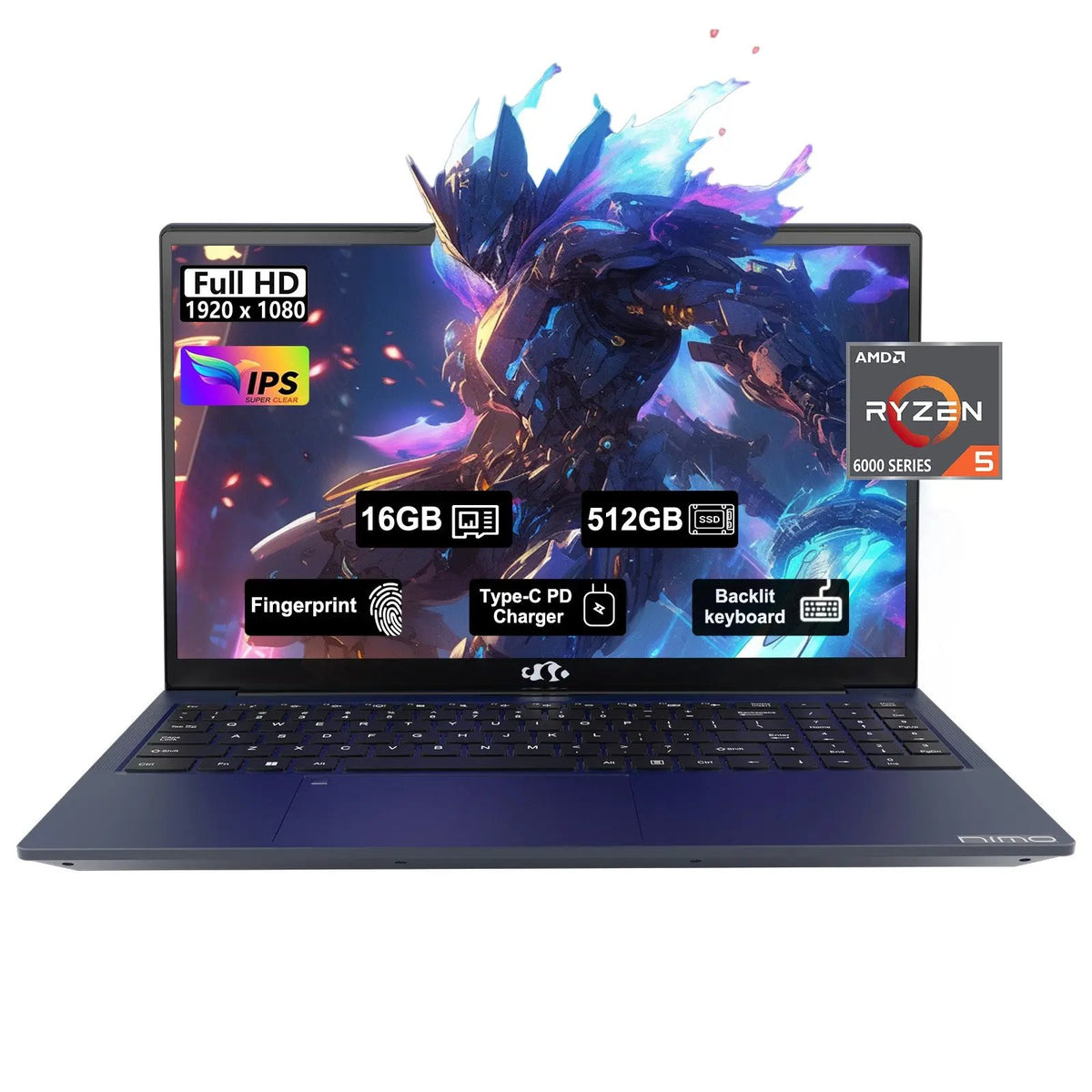 NIMO N153 15.6” blue refurbished laptop with FHD display, AMD R5-6600H, and customizable RAM & SSD – perfect for gaming, streaming, and content creation.