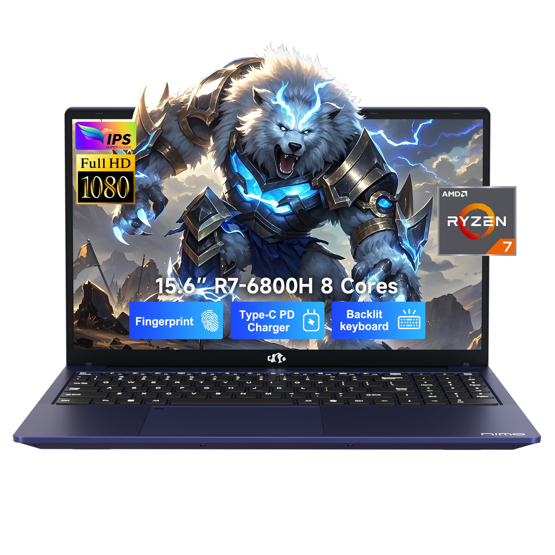 Blue NIMO 15.6” FHD laptop featuring AMD R7-6800H processor, slim design, and upgradeable RAM & SSD — ideal for gaming and business use.