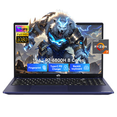 Blue NIMO 15.6” FHD laptop featuring AMD R7-6800H processor, slim design, and upgradeable RAM & SSD — ideal for gaming and business use.