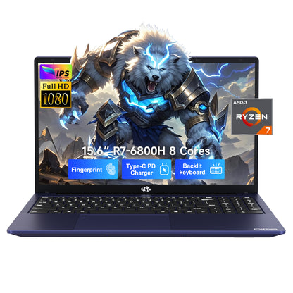 Blue NIMO 15.6” FHD laptop featuring AMD R7-6800H processor, slim design, and upgradeable RAM & SSD — ideal for gaming and business use.