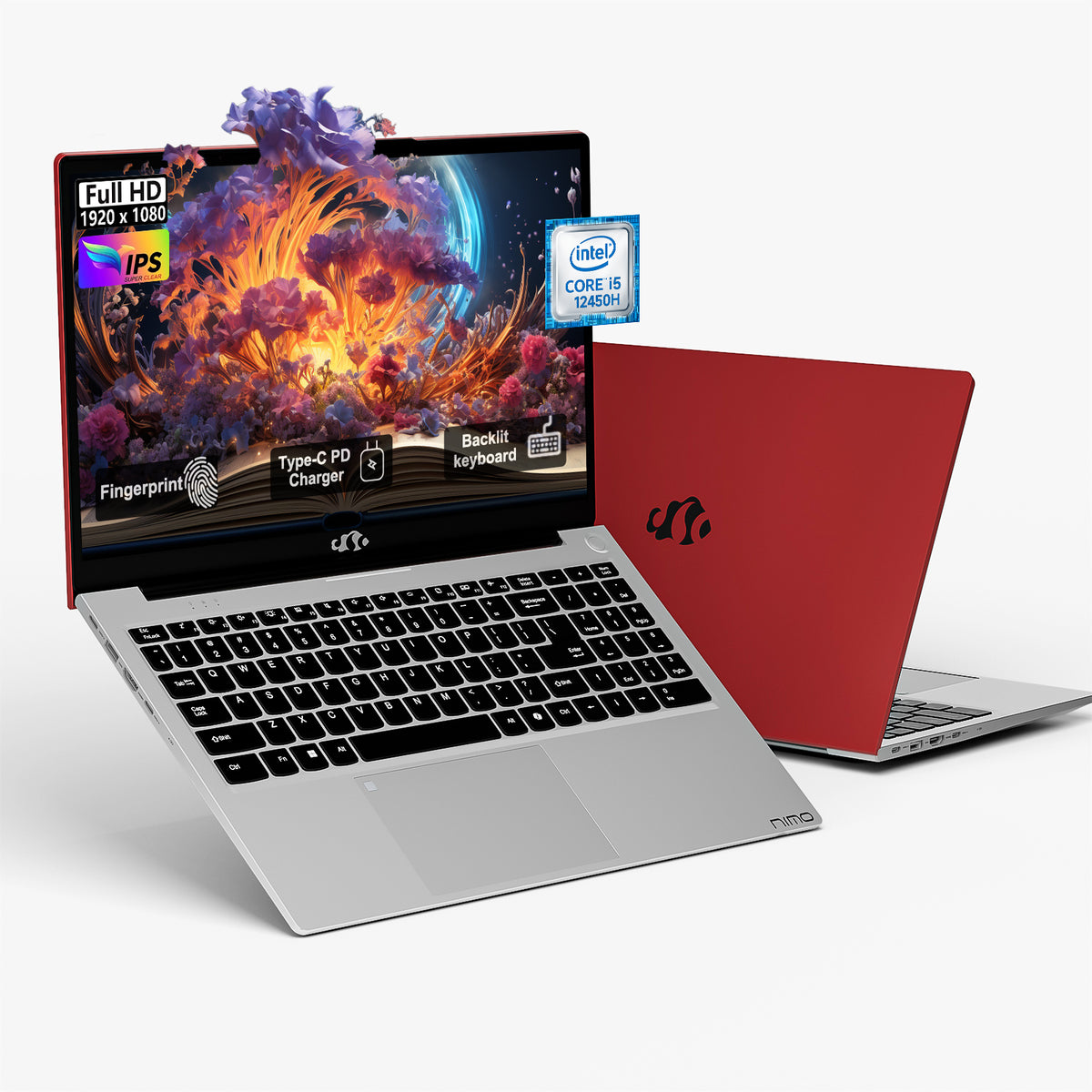 NIMO N153 15.6” red refurbished laptop with FHD display, AMD R5-6600H, and customizable RAM & SSD – perfect for gaming, streaming, and content creation.