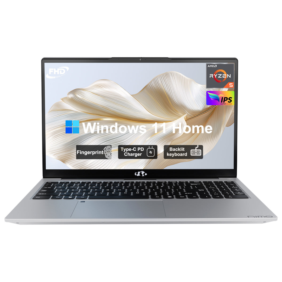 NIMO N152 15.6” silver refurbished laptop with FHD display, AMD R5-3500U processor, fast charging, fingerprint sensor, and customizable RAM & SSD – lightweight and perfect for students and professionals.
