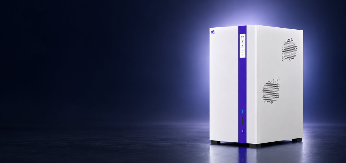 NIMO Nexus Pro white and purple AI workstation in a navy studio