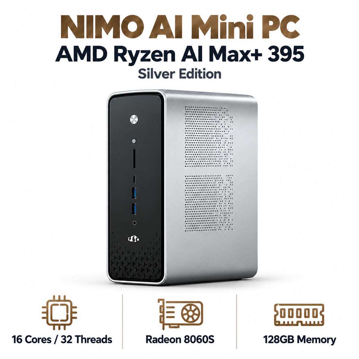 Nimo's Office & Gaming AI PC - AMD Ryzen™ AI Max+ 395 — product front view and key specifications