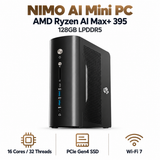 Black NIMO AI Mini PC with Ryzen AI Max+ 395, 128GB LPDDR5 memory, PCIe Gen4 SSD and Wi-Fi 7 feature icons.