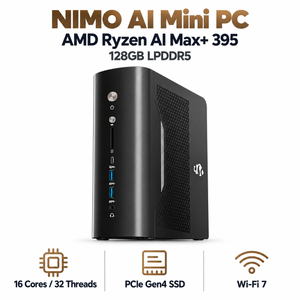 Nimo AI Mini PC - AMD Ryzen AI Max+ 395 - 128GB LPDDR5 Memory - 1/2/4/8 TB — product front view and key specifications