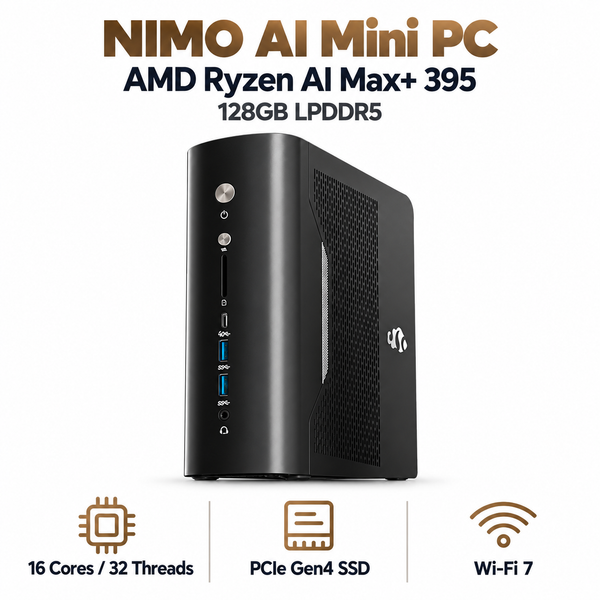 Nimo AI Mini PC - AMD Ryzen AI Max+ 395 - 128GB LPDDR5 Memory - 1/2/4/8 TB — product front view and key specifications