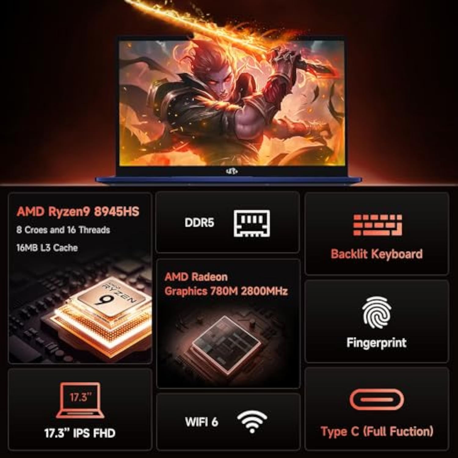 Nimo 17.3'' FHD IPS Gaming-Laptop, AMD Ryzen 9 8945HS, PD 100W, Type_C 4.0, Backlit KB, Fingerprint Unlock, FHD Display, Wi-Fi 6, for Gaming, Student, Office, Business - AMZ - Nimo