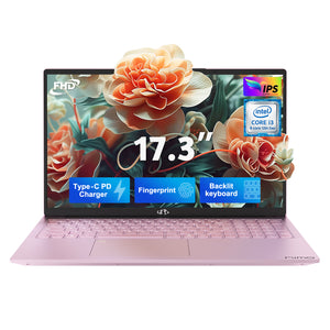 NIMO N171 17.3” rose gold refurbished laptop with FHD display, Intel i3-1215U processor, and upgradeable RAM & SSD – perfect for work, study, and entertainment.