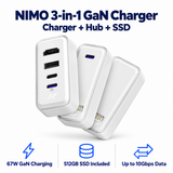 NIMO 3-in-1 GaN Charger, USB-C Hub & 512GB SSD — product front view and key specifications