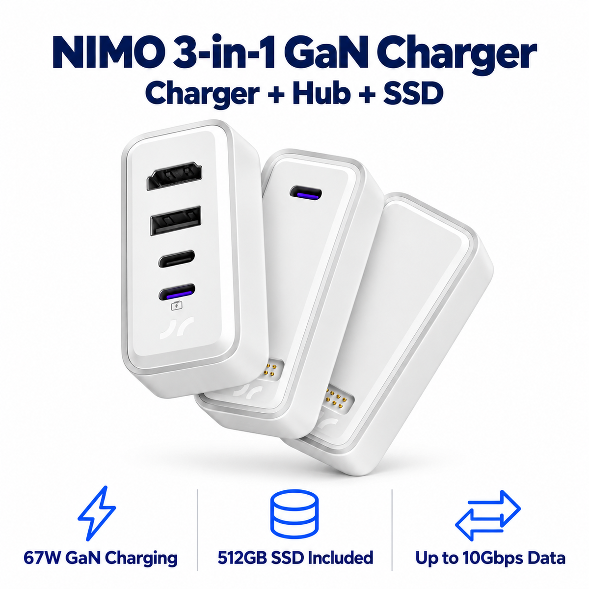 NIMO 3-in-1 GaN Charger, USB-C Hub & 512GB SSD — product front view and key specifications
