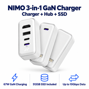 NIMO 3-in-1 GaN Charger, USB-C Hub & 512GB SSD — product front view and key specifications