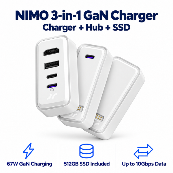 NIMO 3-in-1 GaN Charger, USB-C Hub & 512GB SSD — product front view and key specifications