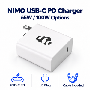 NIMO USB-C 65W/100W PD Laptop Charger with Cable — product front view and key specifications