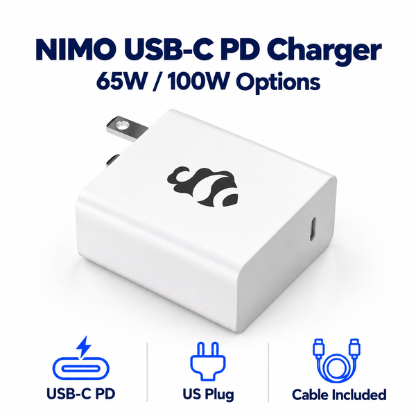 NIMO USB-C 65W/100W PD Laptop Charger with Cable — product front view and key specifications