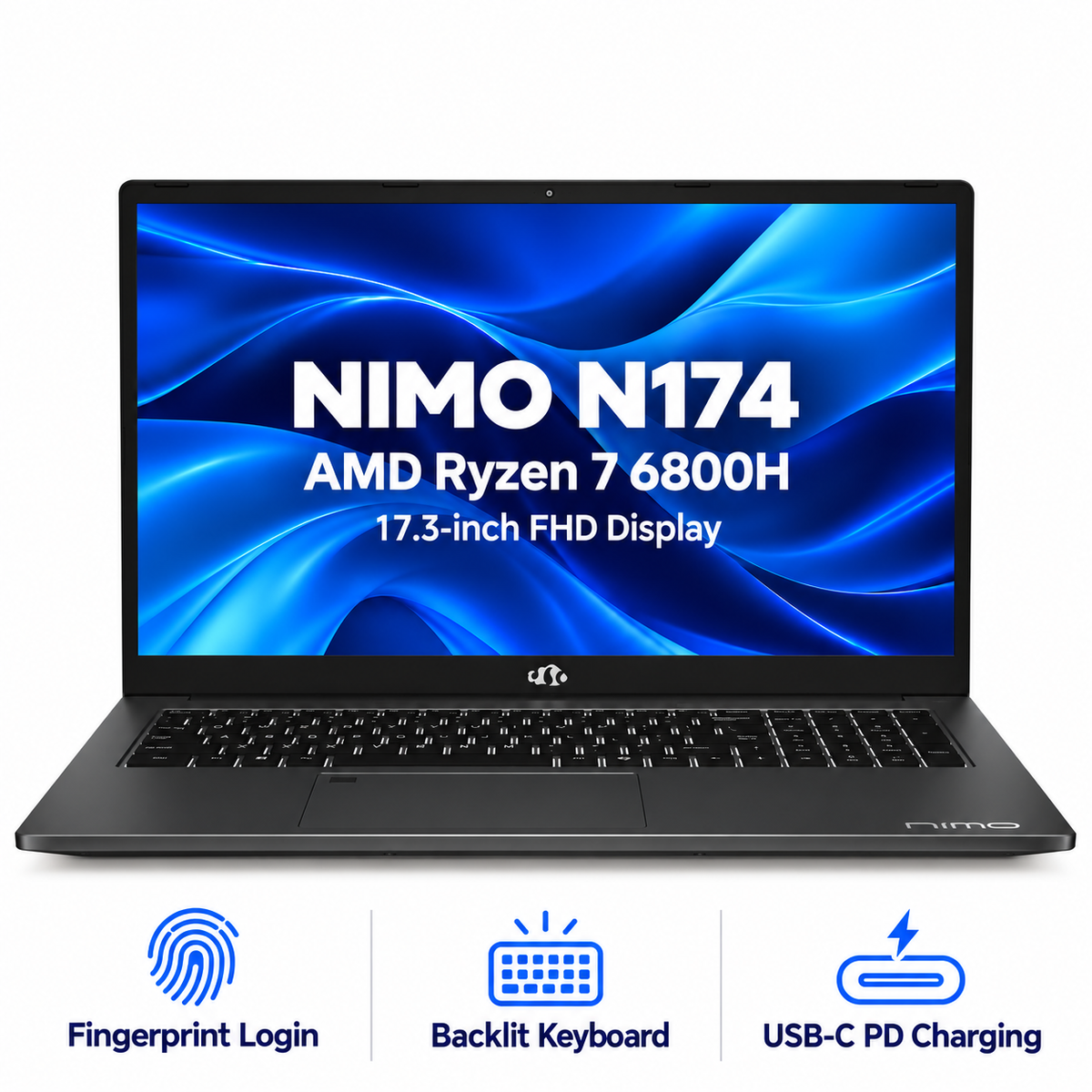 Nimo 17.3 N174 Ryzen 7 6800H Laptop — product front view and key specifications