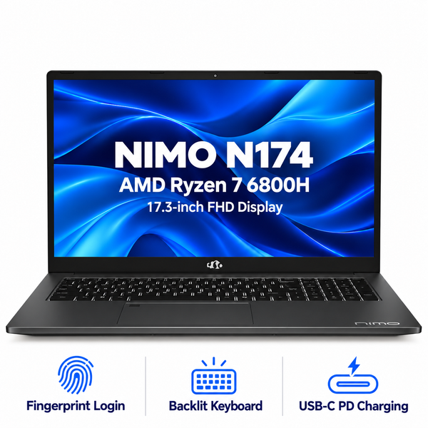 Nimo 17.3 N174 Ryzen 7 6800H Laptop — product front view and key specifications