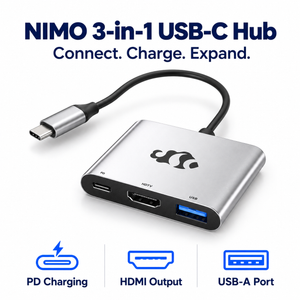 Nimo 3in1 USB-C Hub - PD Charging+HDMI+USB-A — product front view and key specifications